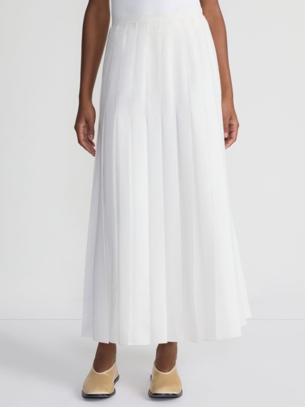 Lafayette 148 New York Ivory Pleated Midi Skirt with Subtle Bead Detail